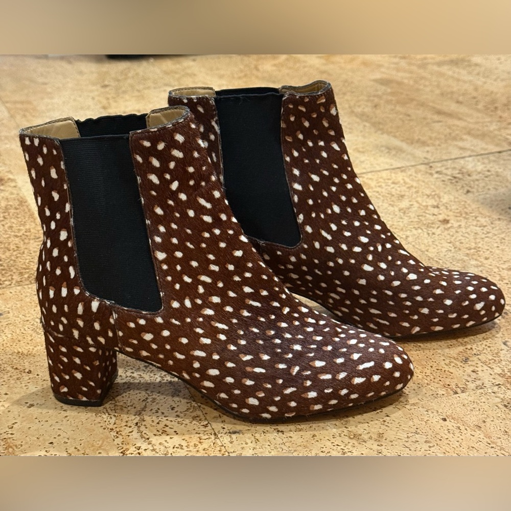 New J.Crew leather Calf Hair Heeled Chelsea Ankle Bootie Brown Spotted Size 10